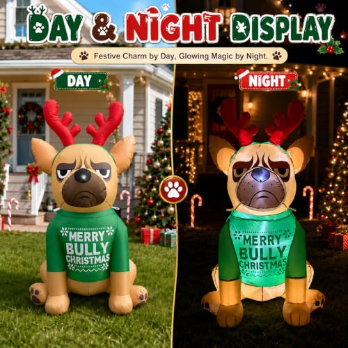 4.3FT Christmas Inflatable Bulldog with LED Lights - Green Variation