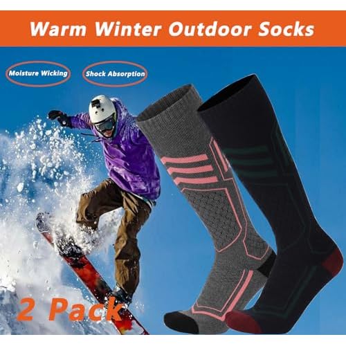 2 Pairs Merino Wool Ski Socks for Men Women, Thick Winter Warm Skiing Socks for Skiing,Hiking,Cysing