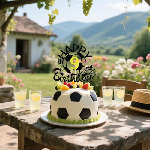 Soccer Ball Cake Topper for 9th Birthday - Black Glitter Decoration