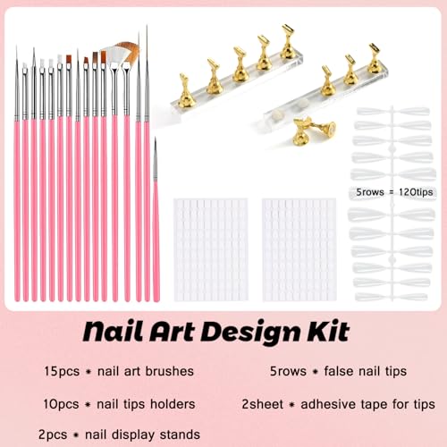 FSpronail Press-On Nail Stand Kit with 15 Brushes and 120 Fake Tips