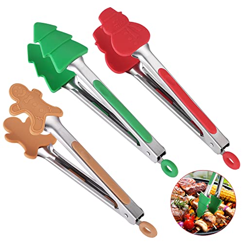 Christmas Silicone Mini Tongs Set - 3 Pattern Variations, 7-Inch Kitchen Utensils