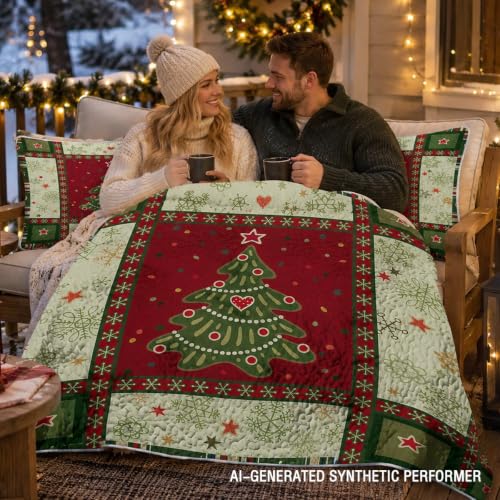 BlessLiving Christmas Patchwork King Quilt Set - Holiday Bedspread 3-Piece