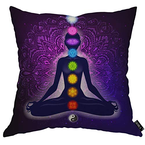 EKOBLA Multi-a325 Meditating Woman Lotus Pose Pillow Cover, 18x18 Inch Cotton Linen, Colorful 9 Chakras Design