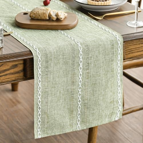 Artoid Mode Sage Green Embroidered Table Runner, 13x36 Inch Cotton Blend