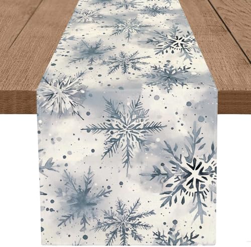 Winter Snowflake Christmas Table Runner 13x120 Inch Watercolor Farmhouse Decor