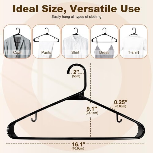 HOUSE DAY Black Plastic Hangers - Durable 50 Pack with Built-in Hooks | Space-Saving Clothing Solution for Shirts, Coats, Dresses