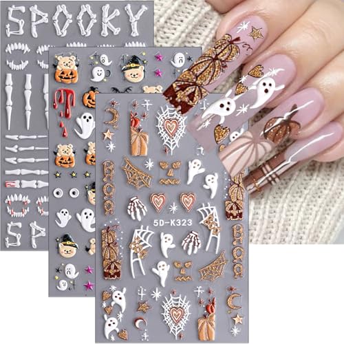 5D Halloween Nail Stickers Cute Ghost Pumpkin Self-Adhesive Decals 3 Sheets