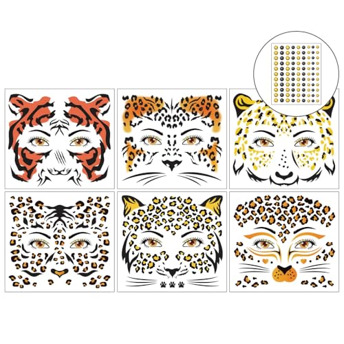 Leopard Print Temporary Face Tattoos with Gems 6 Sheets