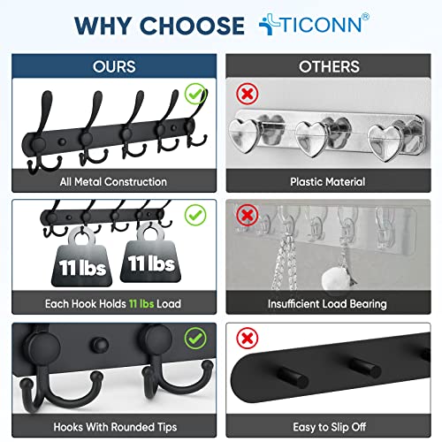 TICONN Wall Mounted Coat Rack, 5 Heavy Duty Tri-Hooks - Matte Black