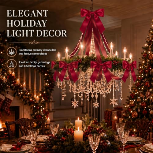 Christmas Chandelier Bow Decorations Set - Burgundy Satin Cascade