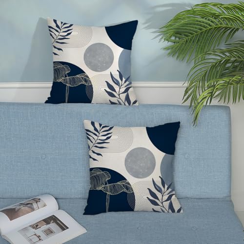 Boho Navy Blue Throw Pillow Covers 18x18 Set of 2 - Modern Linen Cushion Case