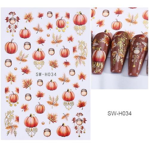 Fall Nail Stickers 4 Sheets 3D Self-Adhesive Maple Leaf Pumpkin Decals