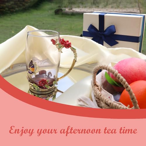 Elegant Flower Tea Cup with Butterfly Rose Design and Matching Spoon - Hot & Cold Drink Mug with Gift Box - Gold Red Variation