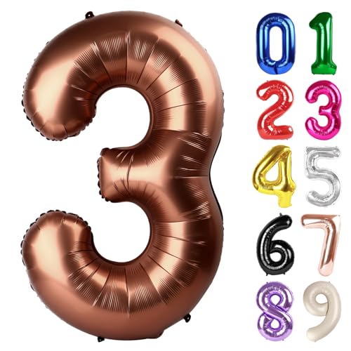 3 Brown Birthday Number Balloon - 40 Inch Foil Party Decoration
