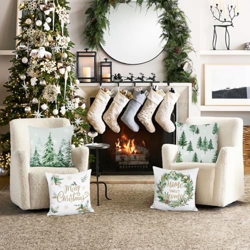 COZZSNUGE Pine Tree Winter Throw Pillow Covers Set of 4 - Rustic Christmas Forest 18x18 Inches, Pine Tree-1