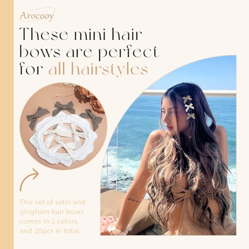 AROCOOY 20pcs Mini Bow Hair Clips Brown Gingham & Beige Ribbon Barrettes
