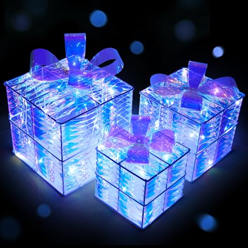 Iridescent Christmas Lighted Gift Boxes Set of 3 - Light Up Holiday Decor