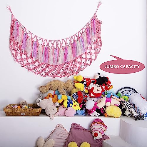 Amdermi Jumbo Boho Macrame Stuffed Animal Hammock with LED Lights - Pink