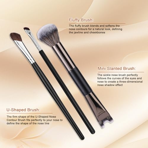BOXOB 3pcs Sculpting Dual-End Nose Contour Brush Set with U-Shaped and Angled Makeup Brushes