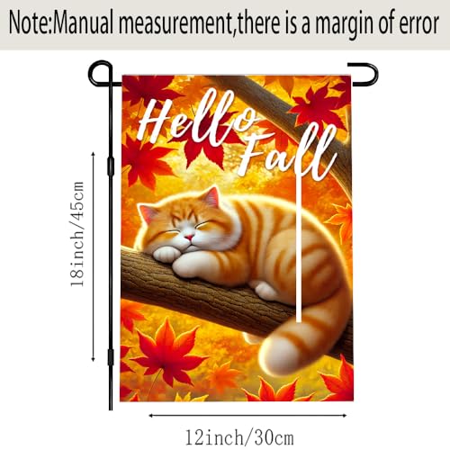 Hello Fall Garden Flag 12x18 Inch - Cute Cat & Maple Leaves