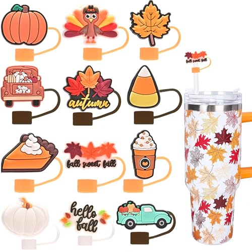 12pcs Fall Straw Toppers for Stanley Cup Thanksgiving Autumn Straw Covers 10mm Silicone Drinking Tip Covers for Stanley Cup Accessories