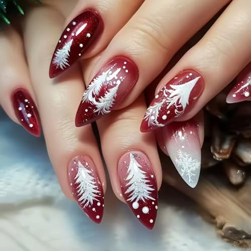 Christmas Press on Nails Medium Almond Wine Red Snowflake False Nails