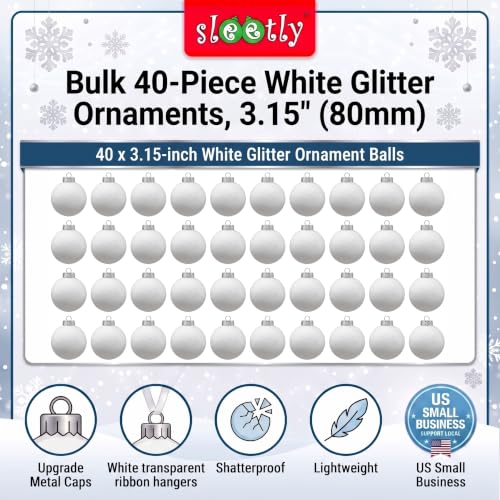 Luxe White Glitter Christmas Ornaments Set - 40 Shatterproof Baubles, 3.15 Inch