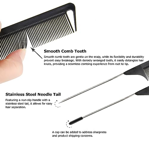 Kootinn 6PCS Rat Tail Detangling Hair Combs Set - Black Fine Tooth Styling Combs