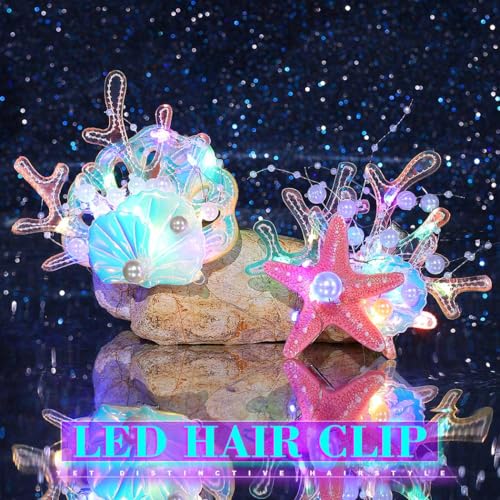 JEAIRTS Light Up Starfish Hair Clips LED Mermaid Shell Headpiece
