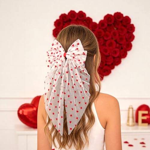 Doneace Valentine's Day Large Red Heart Hair Bow Clip with Long Tail