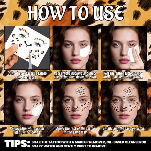 Cerlaza Halloween Leopard Face Paint Temporary Tattoos and Black Gems Kit
