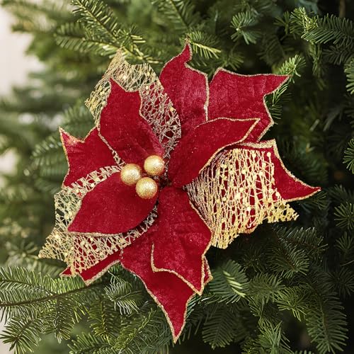Artificial Poinsettia Flowers Set - 9 Inch Glitter Christmas Decorations, Red & Gold