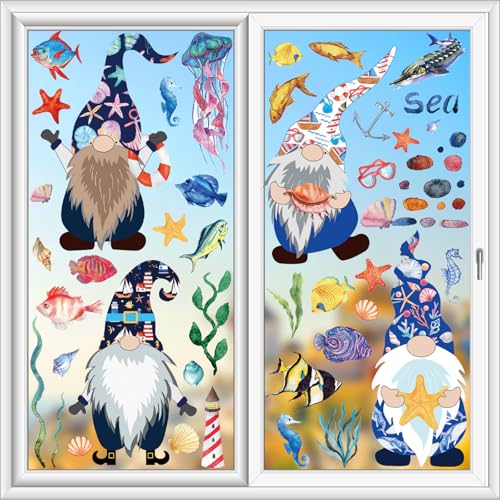 Hianjoo Ocean Gnome Summer Window Clings 146 Pcs Double Sided Static Sea Decals