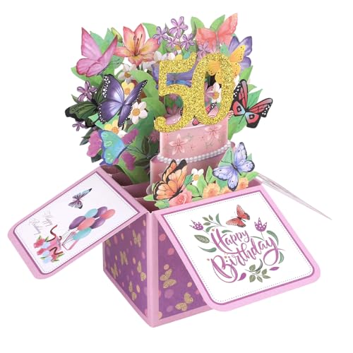 50th Birthday Pop-Up Card with Envelope - 3D Floral Butterfly Design
