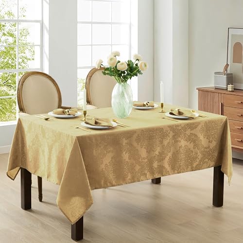 Newbridge Barcelona Damask Tablecloth 144x60 Inch Gold - No Iron, Soil Resistant