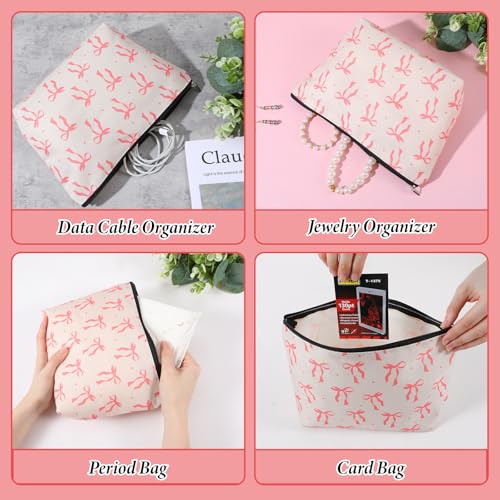 Tyqour Pink Bow Makeup Bag, Cute Coquette Cosmetic Pouch for Travel