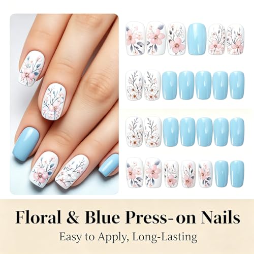KTAABTR Floral Press on Nails Pink Flower Square Fake Nails 24Pcs