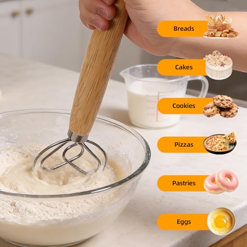 13 Inch Danish Dough Whisk - Stainless Steel with Wooden Handle