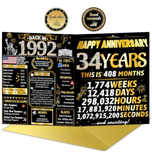 34th Anniversary Card for Husband Wife 1992 Milestone Gift