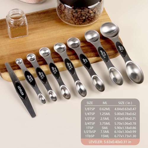 ChefAide Black Magnetic Measuring Spoons Set, Dual Sided Stainless Steel