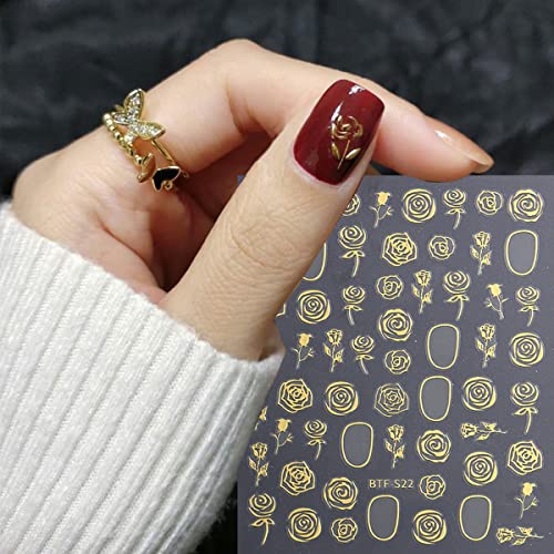 YKZFUI 6 Sheets Gold Nail Art Stickers 3D Self-Adhesive Metallic Rose Flower Star Heart Decals for Manicure