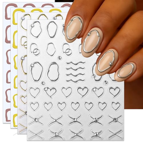IDDFEVE Geometric Nail Art Stickers Rhinestone Gold Minimalist Decals 4 Sheets