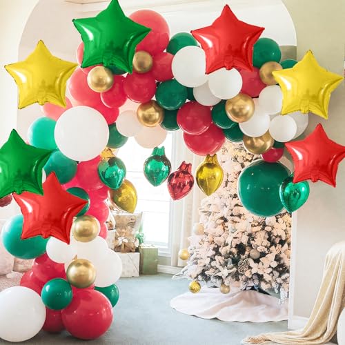 Red Green Gold Star Foil Balloons - 10PCS 18 Inch Metallic Party Balloons, Helium & Air, Xmas Birthday Decoration