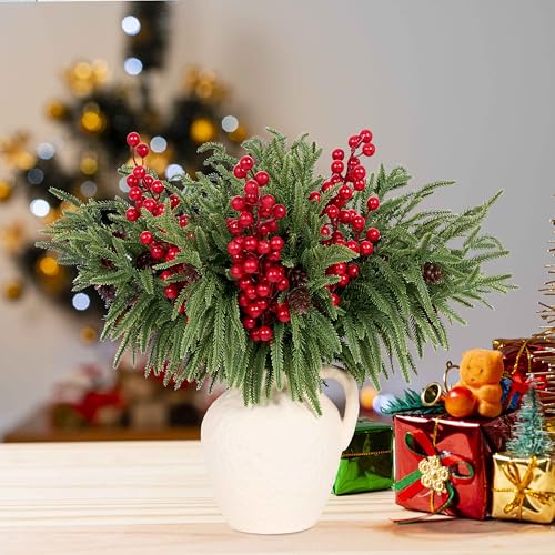 Artificial Norfolk Pine Branches with Red Berries - 12 Pack, 17.7" Christmas Decor