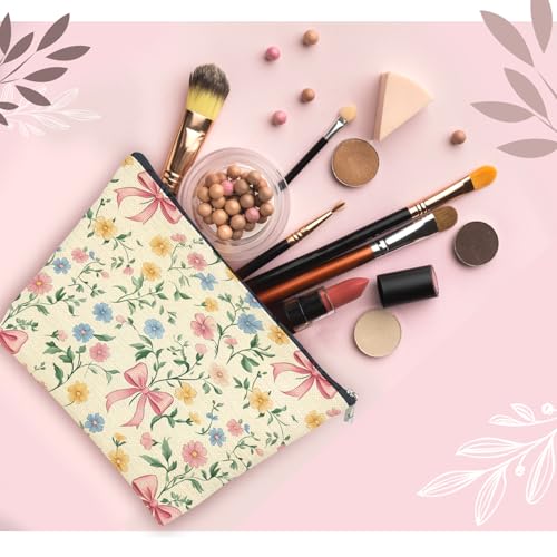 Coquette Floral Makeup Bag Pastel Pink Bow Cosmetic Pouch