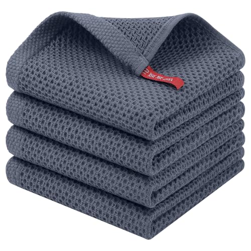 Homaxy 100% Cotton Waffle Weave Kitchen Dish Cloths - 4-Pack, Dark Grey, 12x12 Inches