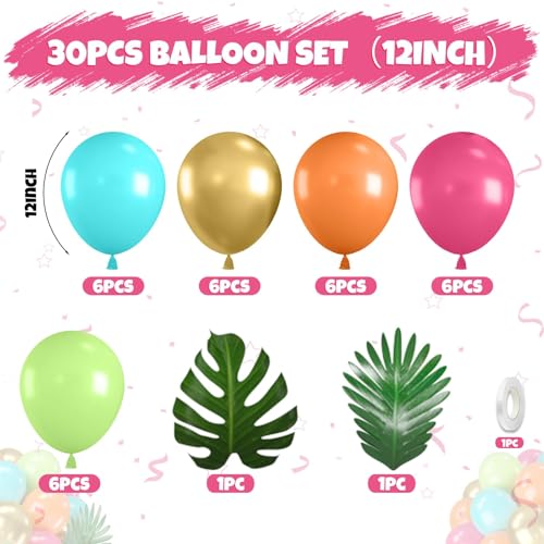 30Pc Tropical Balloon Set - Teal, Green, Orange Luau Party Decorations