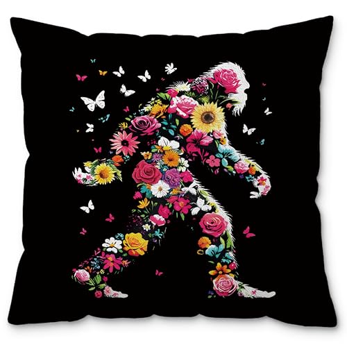 Bigfoot Pillow Cover 18x18 - Boho Floral Sasquatch Decor