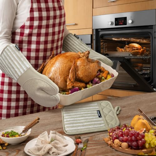 Alselo Extra-Long Silicone Oven Mitts, Heat Resistant Gloves - Khaki, Set of 2