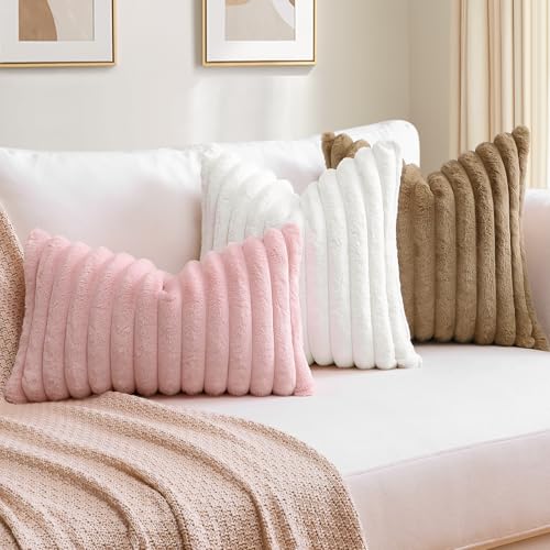 Faux Rabbit Fur Blush Pink Throw Pillow Cover 12x20 Inch